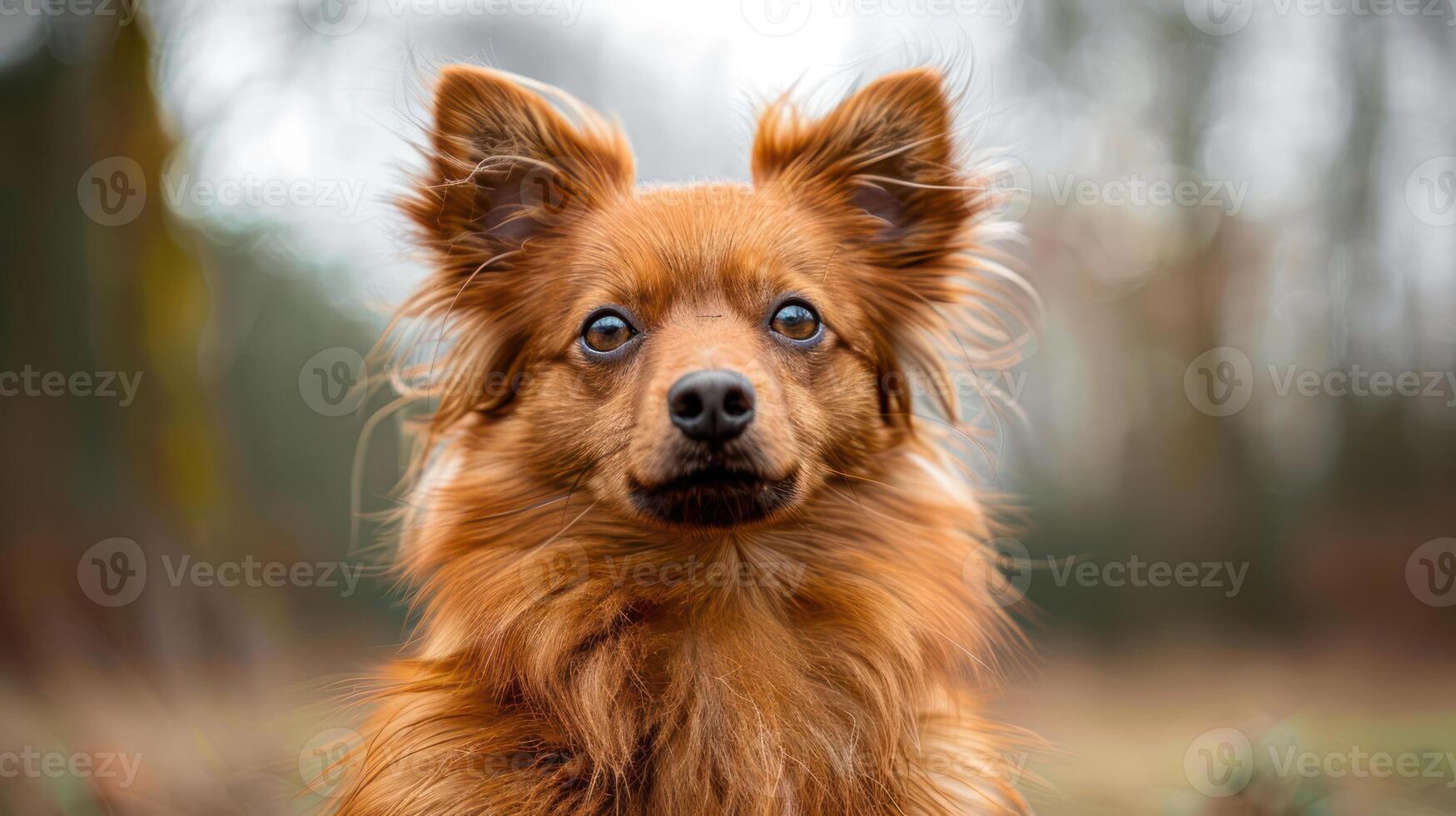 Close-up of a fluffy brown dog with expressive eyes in a blurred outdoor setting photo