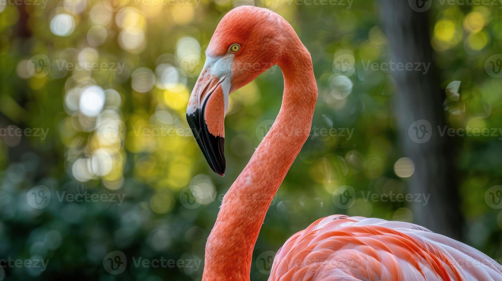 Vibrant flamingo gracefully poses amidst lush greenery, showcasing its striking plumage and elegance photo