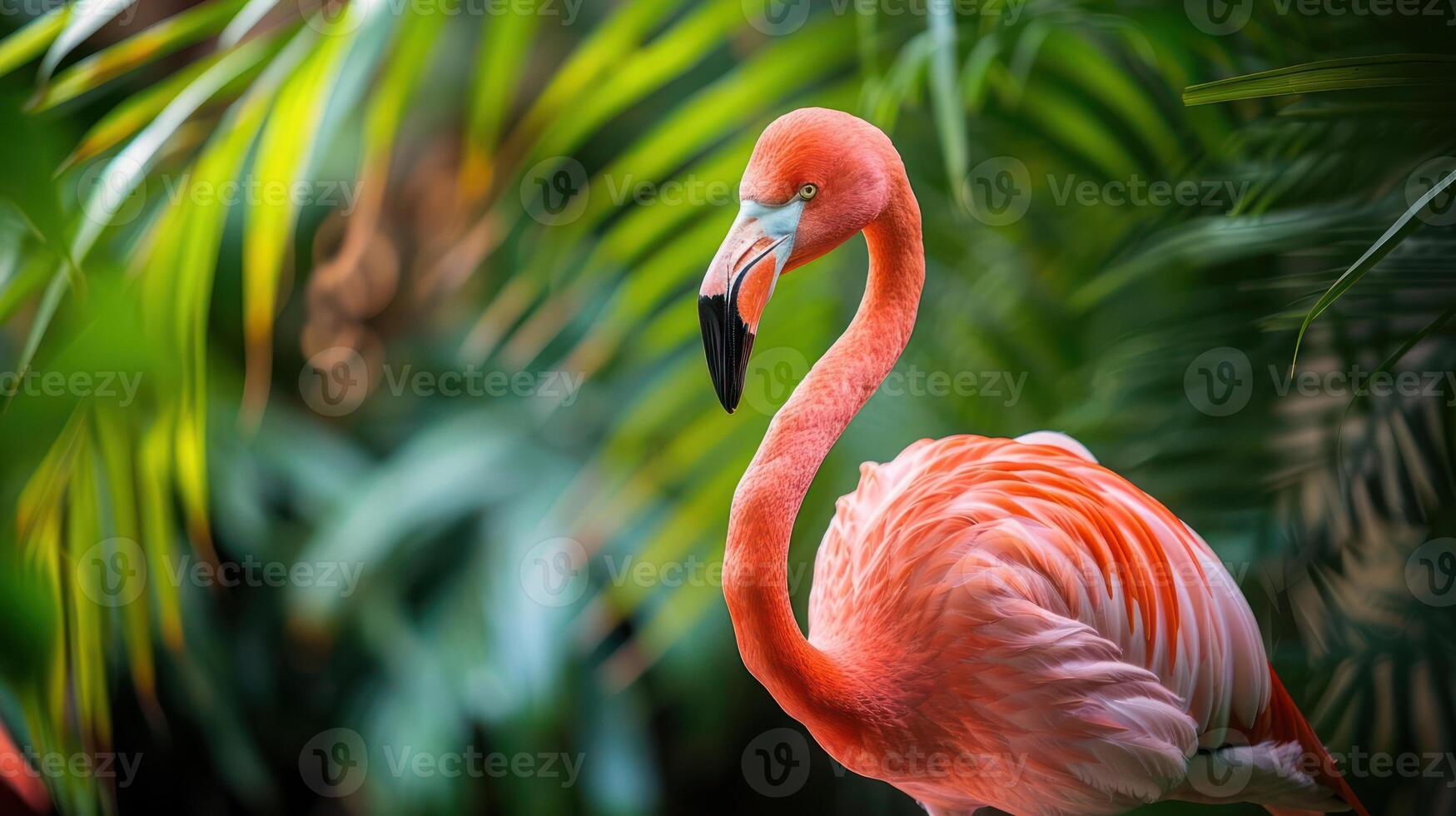 A vibrant pink flamingo stands gracefully amidst lush green tropical foliage, showcasing nature's beauty photo