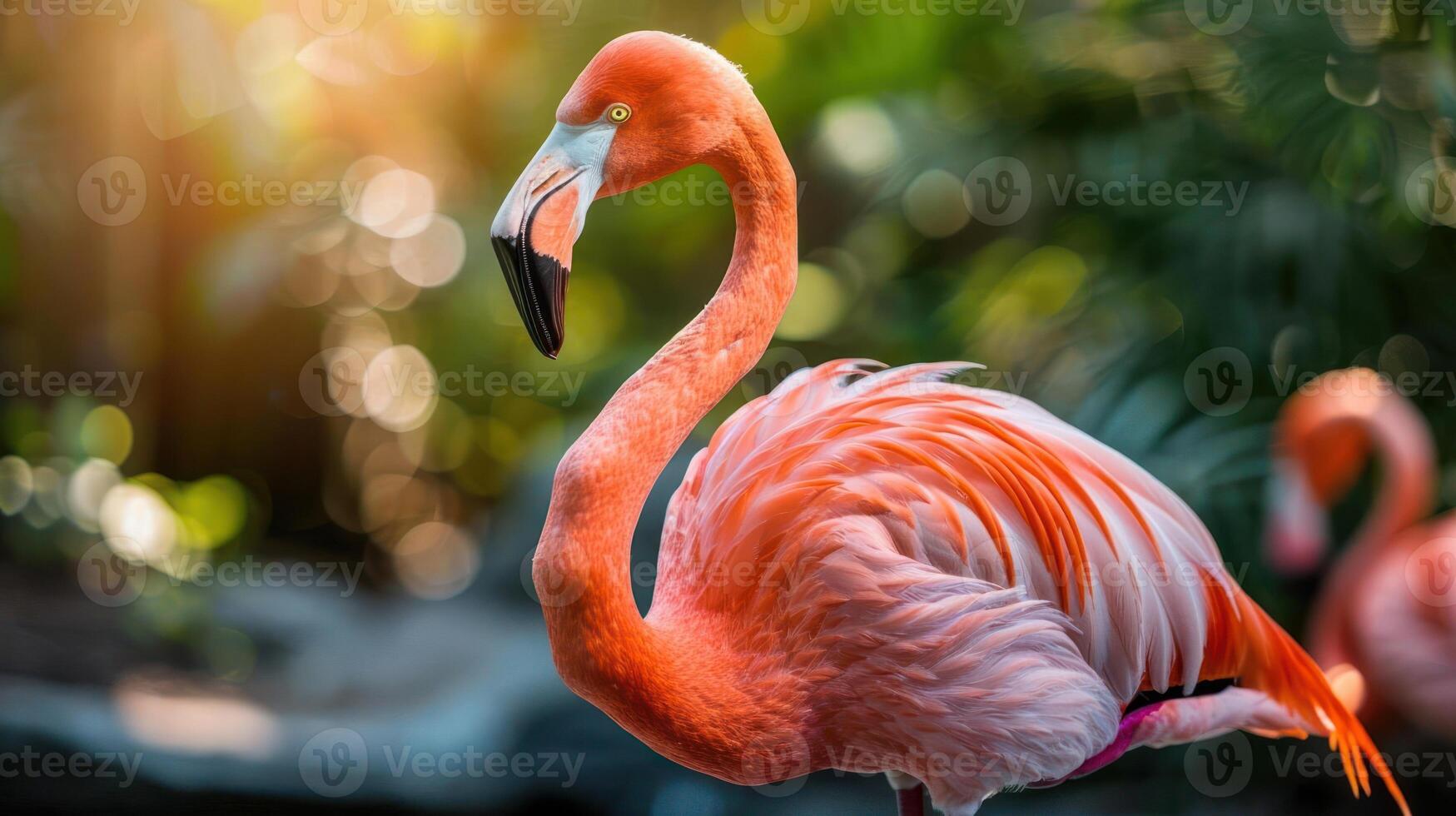 Vibrant flamingo standing gracefully amidst lush greenery in a serene natural setting photo