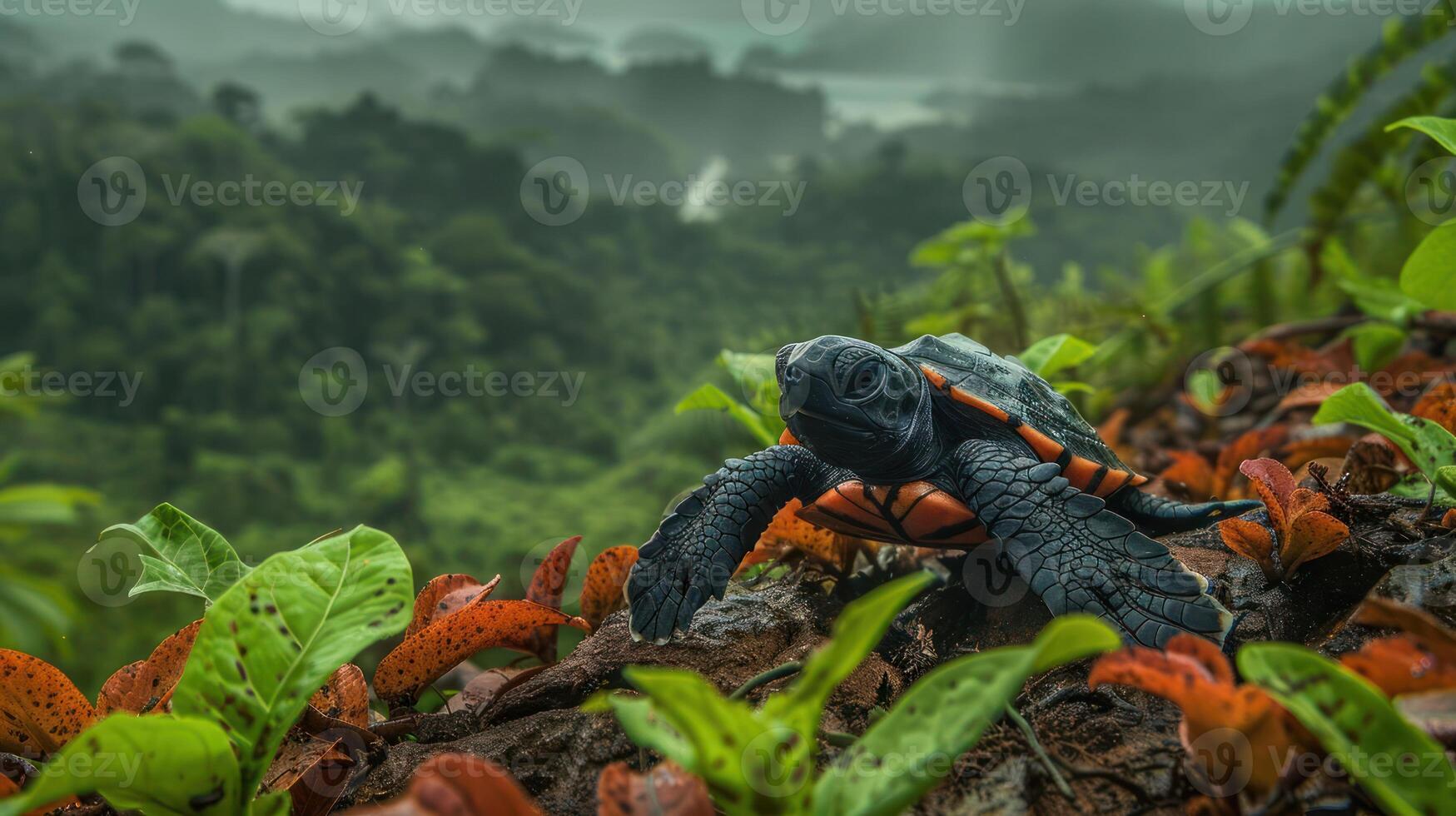 A turtle navigating through lush greenery in a misty tropical landscape, showcasing nature's beauty photo