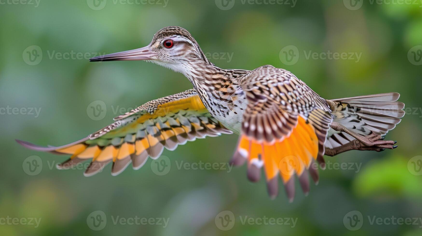 A vibrant bird in mid-flight showcasing its colorful feathers against a blurred green background photo