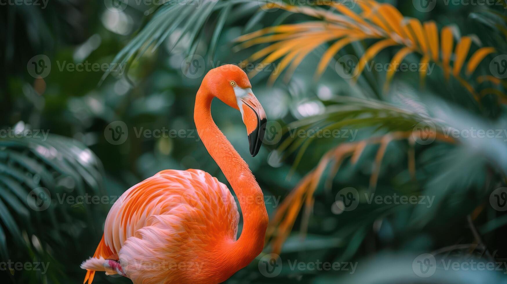 Vibrant flamingo perched among lush tropical foliage, showcasing vivid colors and serene atmosphere photo