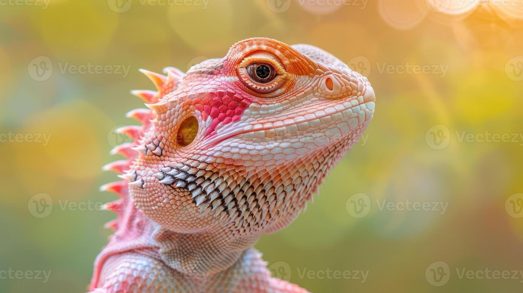 Close-up of a colorful lizard basking in warm sunlight with a blurred natural background photo