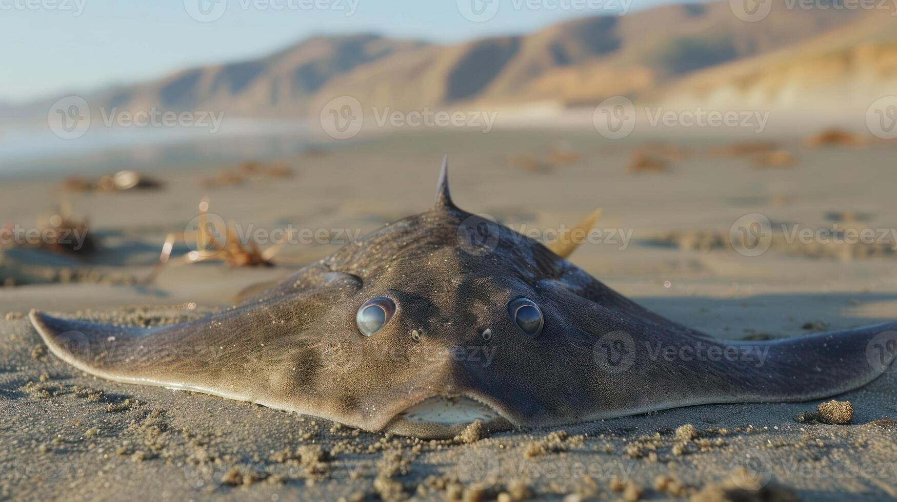 A close-up of a unique stingray resting on a sandy beach with waves in the background photo