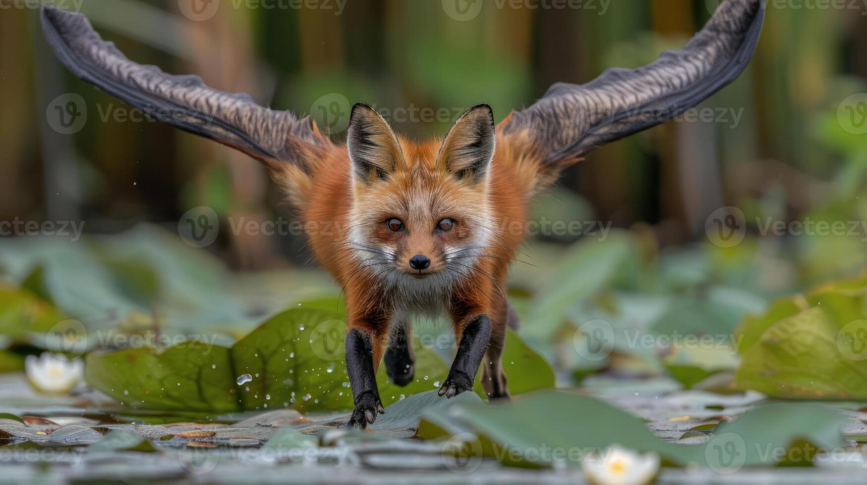 A red fox with large wings gracefully glides over a serene lily pad-covered pond, surrounded by lush greenery photo