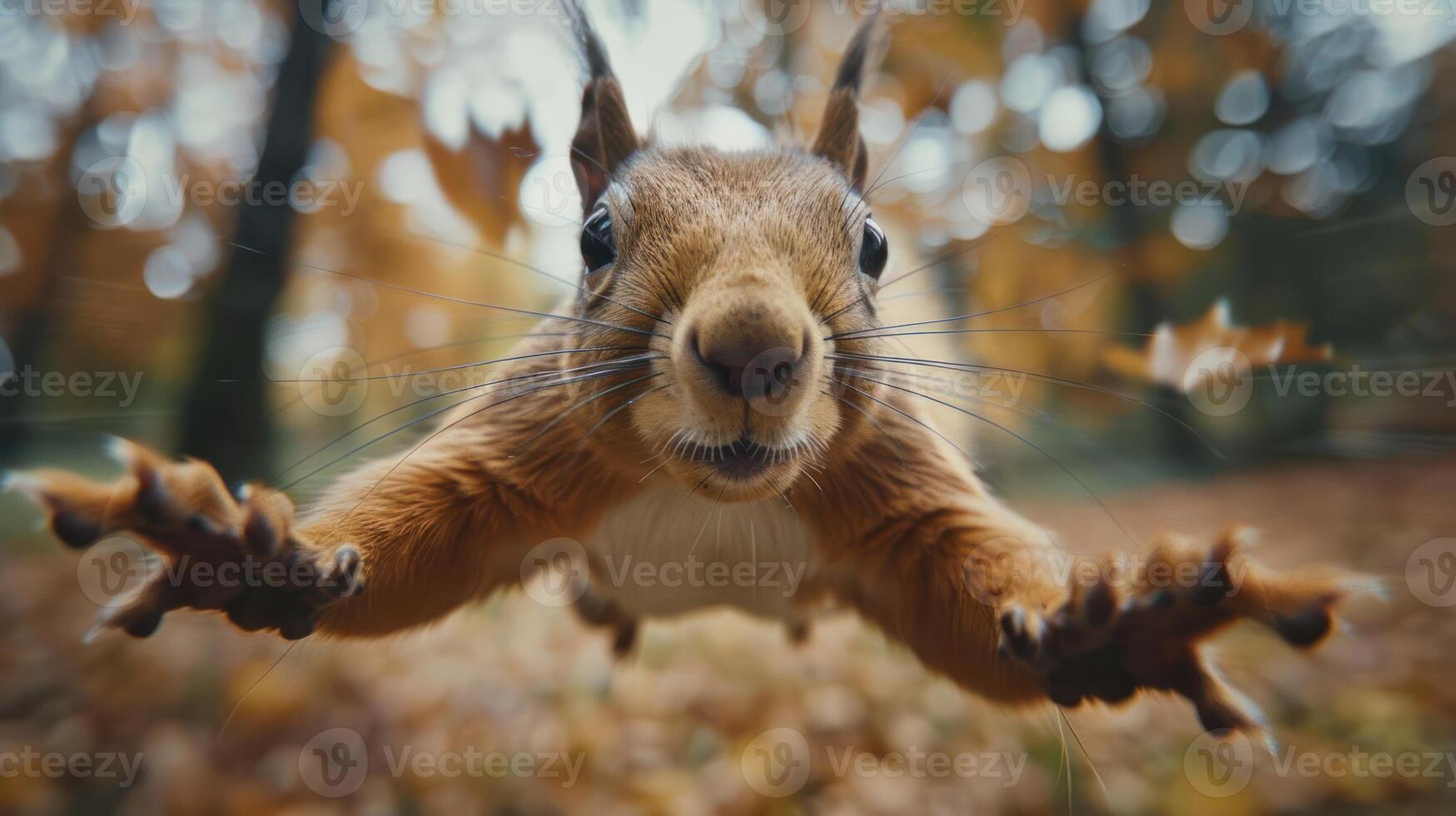Squirrel Leaping Through Autumn Leaves in a Vibrant Forest Setting photo