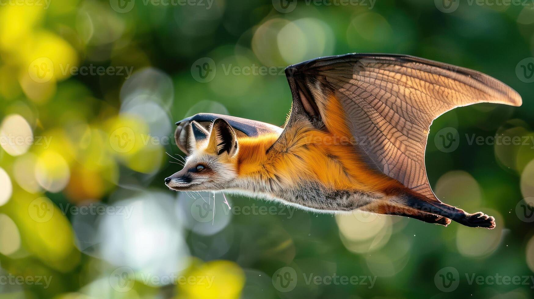 A vibrant fox in mid-flight against a blurred green background, showcasing its agility and grace photo