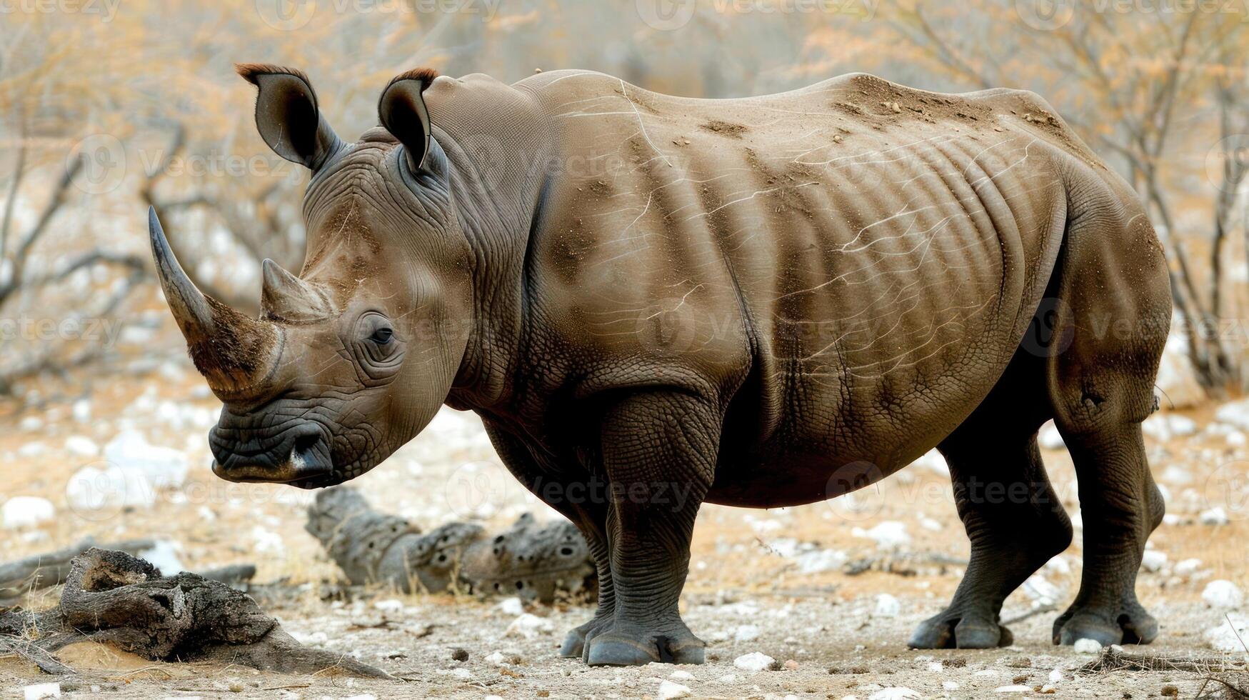 A majestic rhinoceros stands in a dry landscape, surrounded by sparse vegetation and distant trees photo