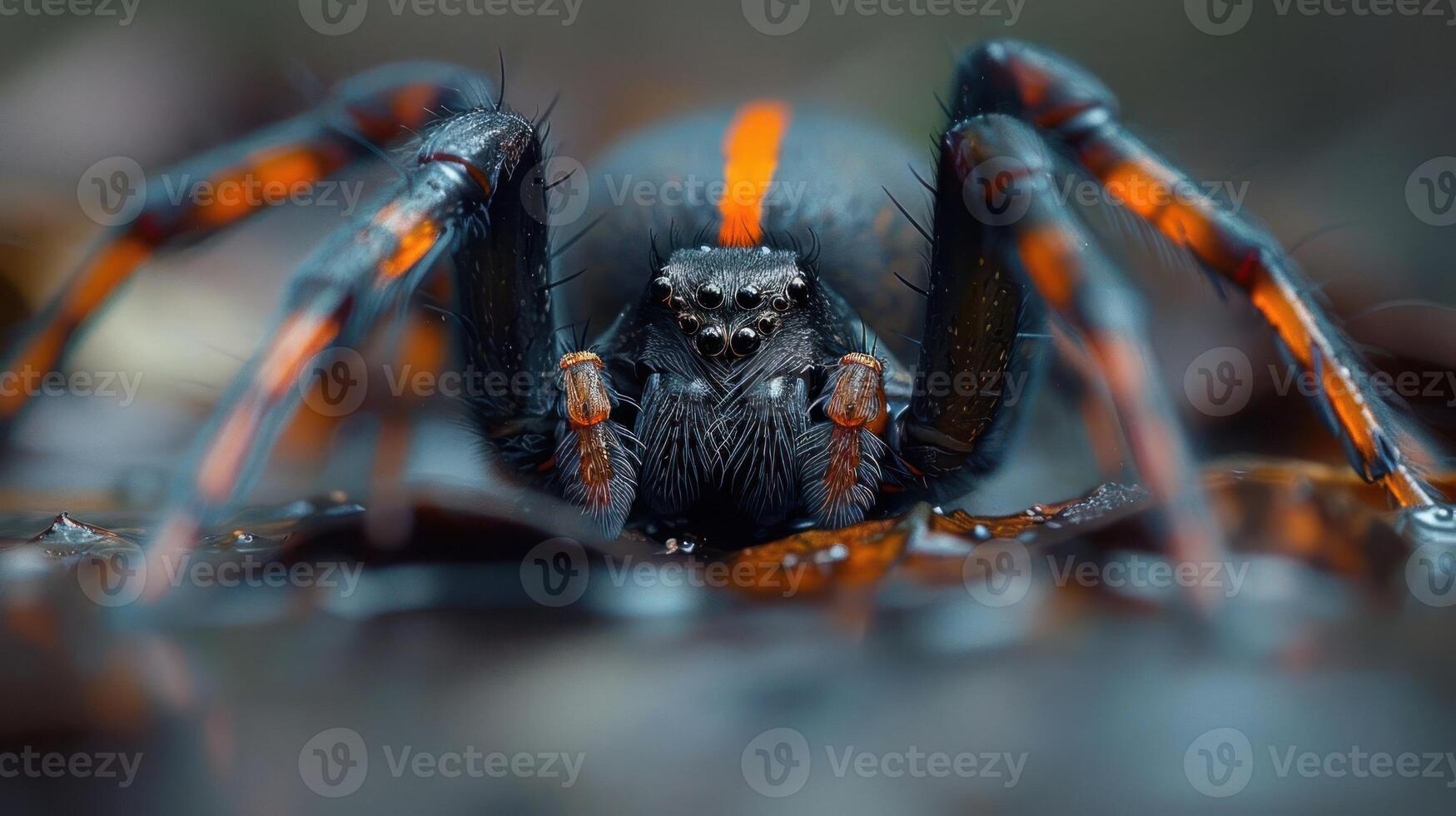 Close-up of a spider with striking orange markings on its back, poised on damp foliage photo