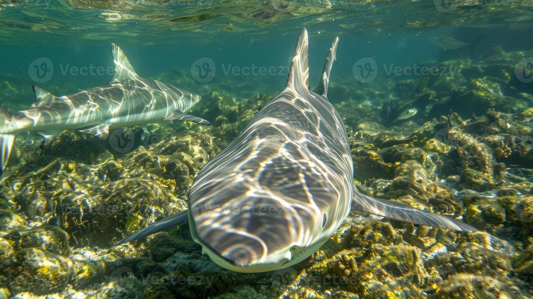 Underwater scene showcasing a shark swimming gracefully over coral reefs with sunlight filtering through photo