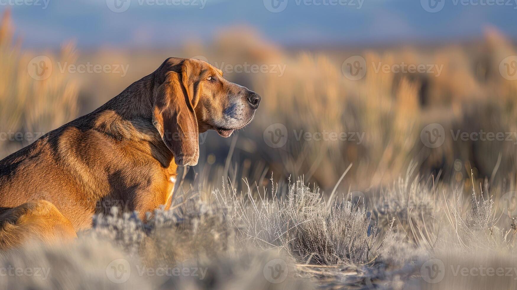 A serene hound dog gazes thoughtfully across a vast, sunlit desert landscape photo