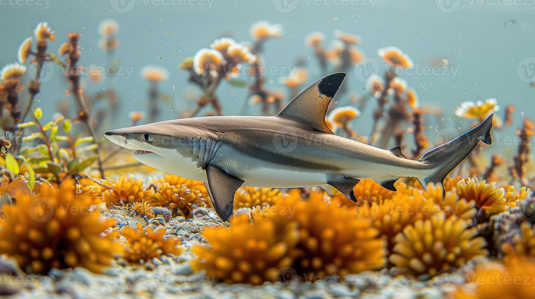 A sleek shark gliding through vibrant underwater coral, showcasing marine life in a serene habitat photo