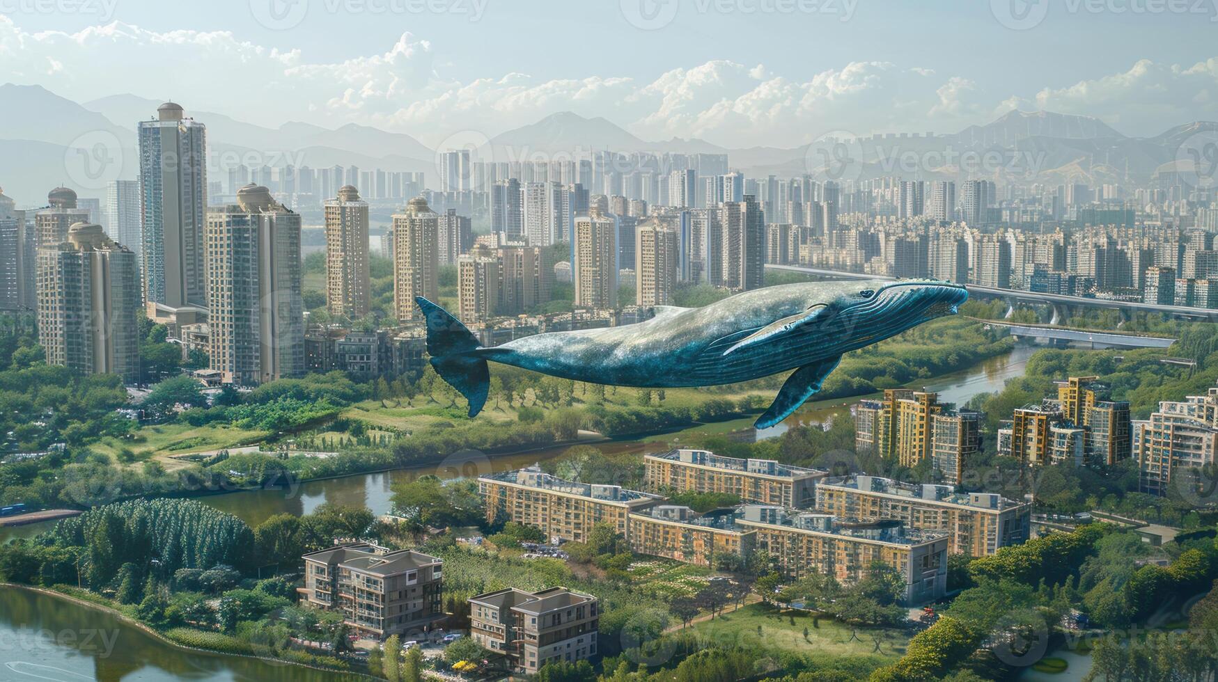 A surreal scene of a giant whale swimming above a modern cityscape with lush greenery and mountains photo