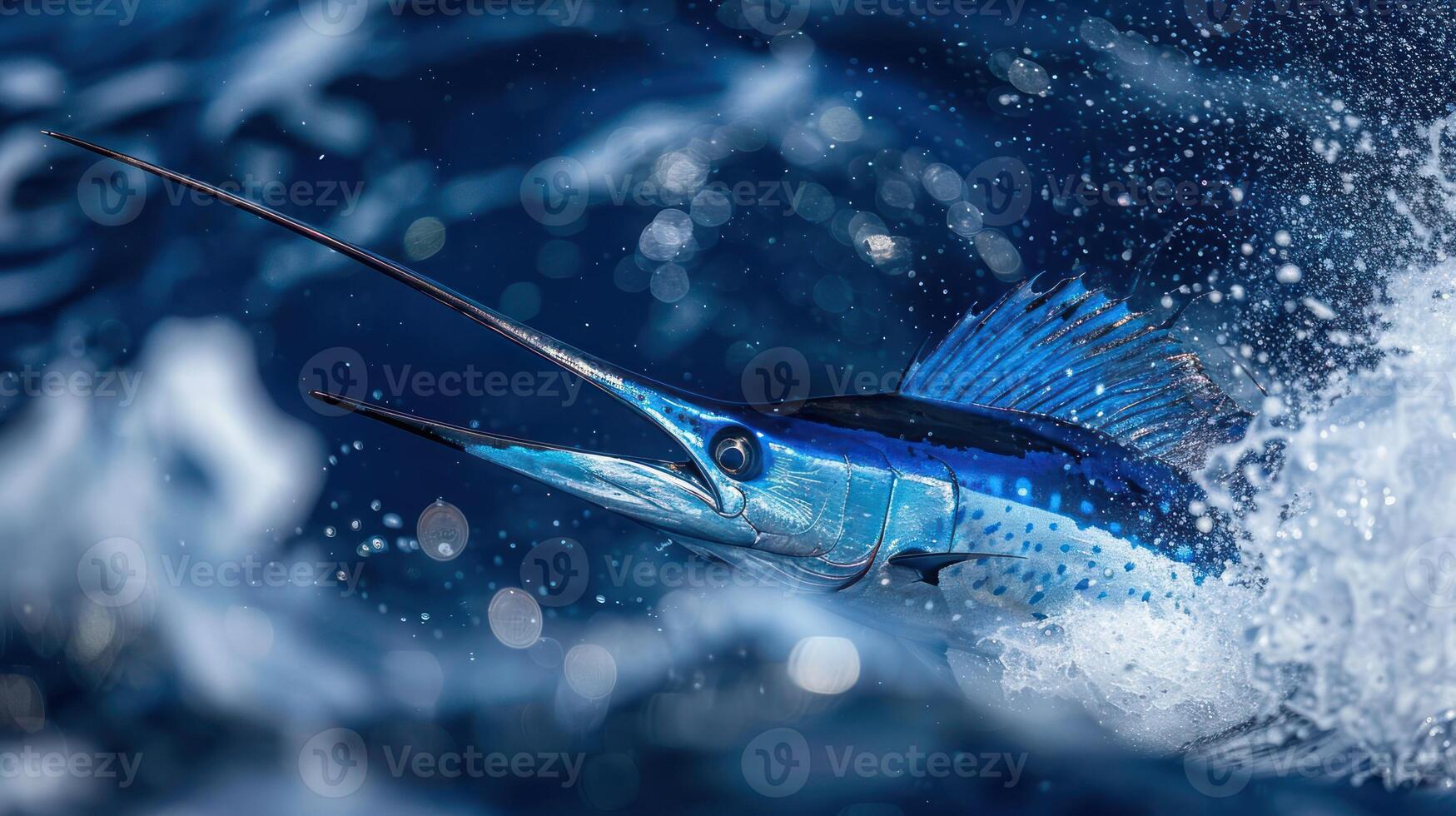 Vibrant blue marlin leaping from ocean waves, showcasing its power and agility in a marine setting photo