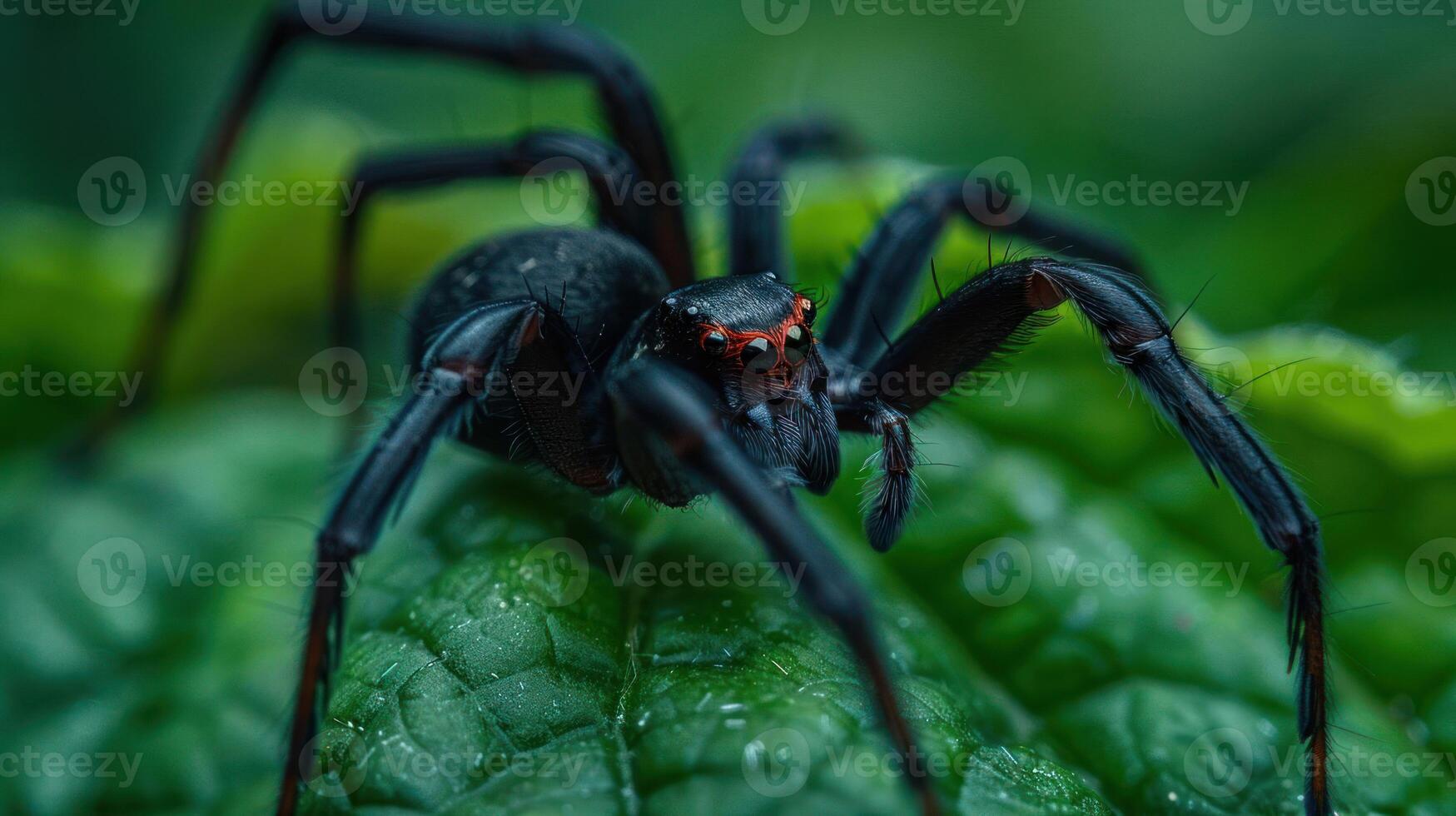 Close-up of a black spider perched on a green leaf, showcasing intricate details and vibrant colors photo