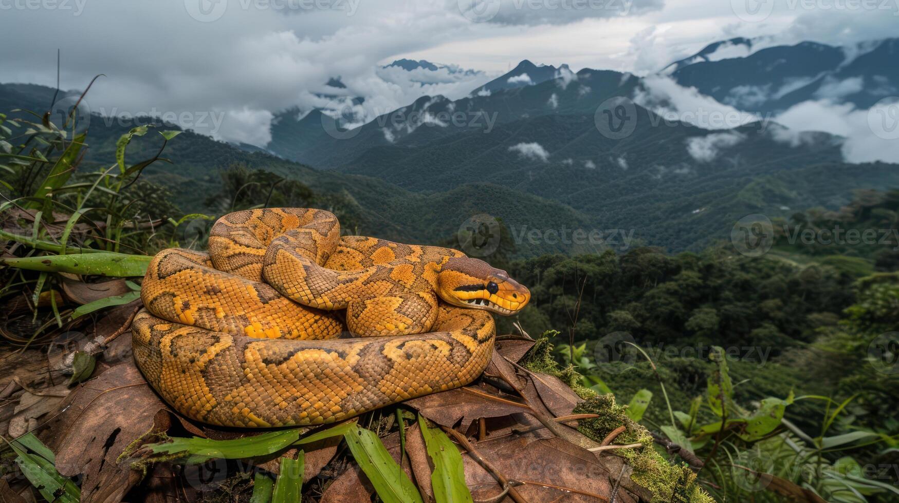 Vibrant yellow python resting on foliage with misty mountains and clouds in the background photo
