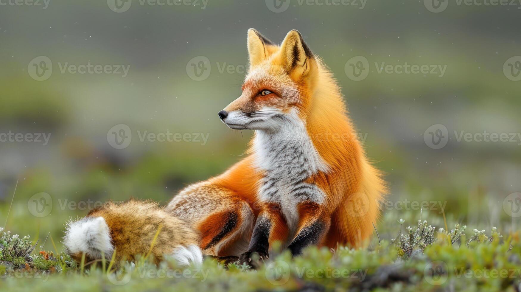 A majestic red fox resting in a lush green meadow under a cloudy sky, showcasing nature's beauty photo
