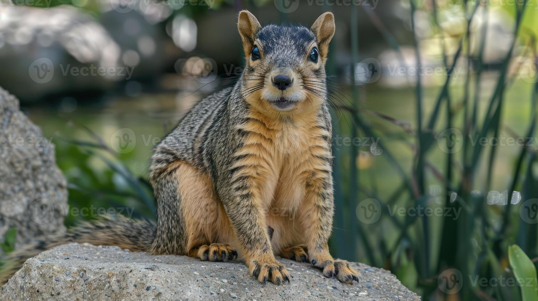 A curious squirrel perched on a rock near a serene pond surrounded by lush greenery photo