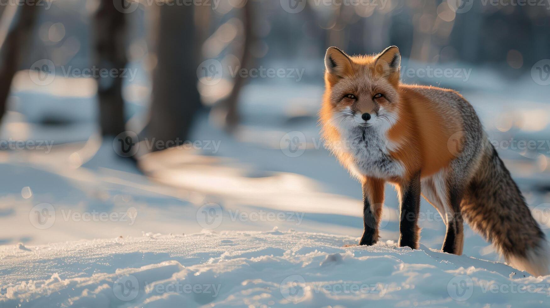A majestic red fox standing in a snowy landscape, surrounded by blurred trees in the background photo