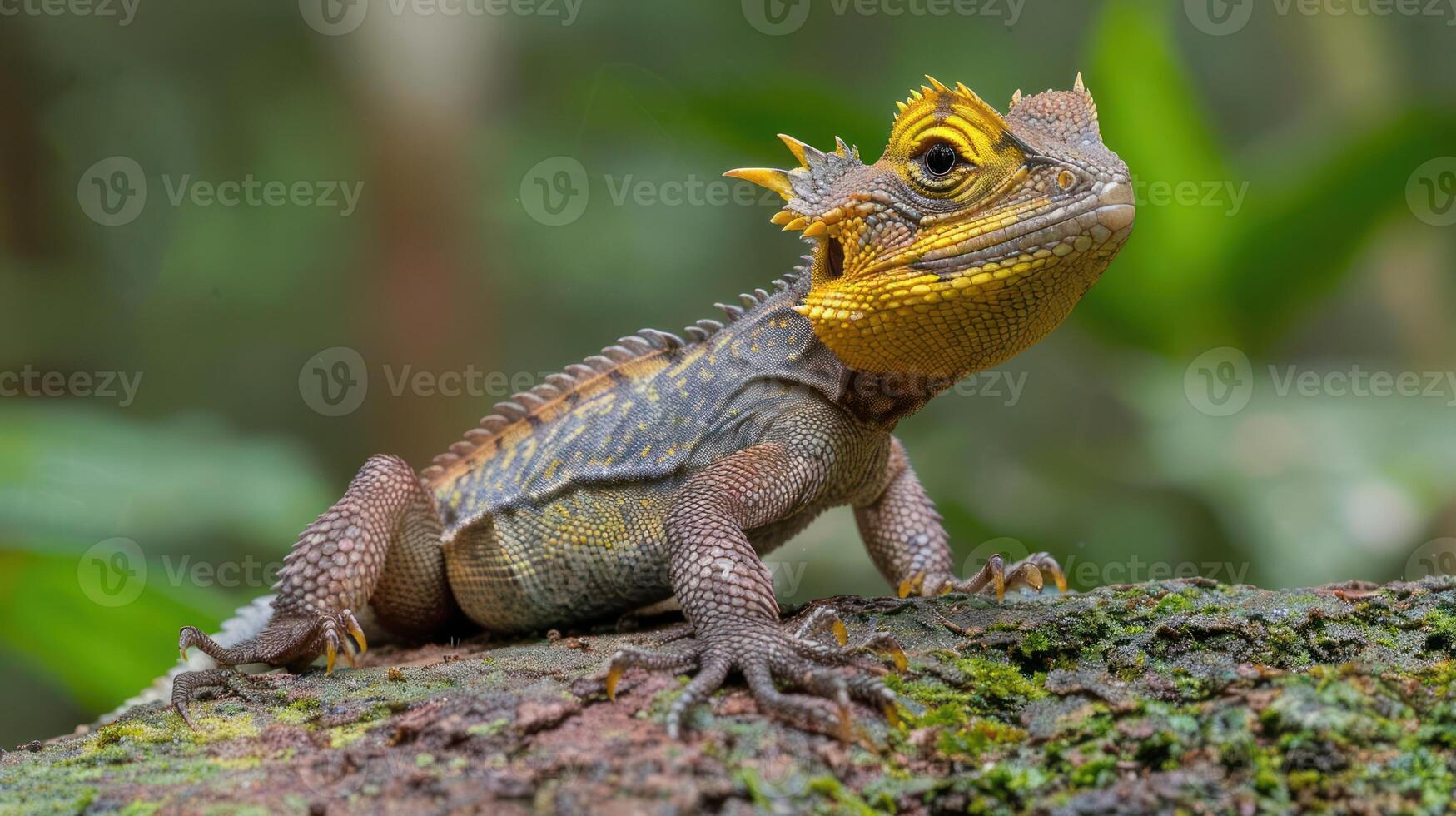 Close-up of a vibrant lizard perched on a mossy log in a lush green forest setting photo