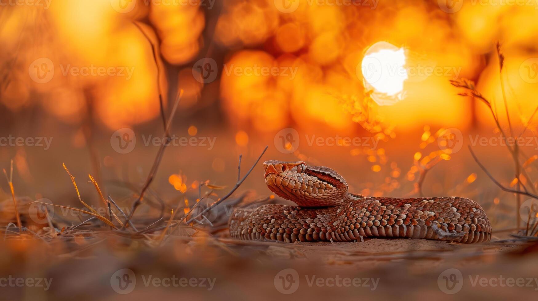 Serene sunset scene featuring a snake resting on the ground amidst a vibrant orange backdrop photo