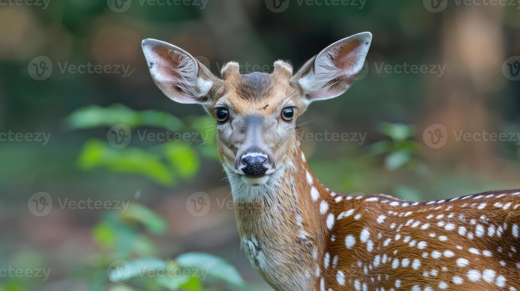 Close-up of a spotted deer in a lush green forest, showcasing its features and natural habitat photo