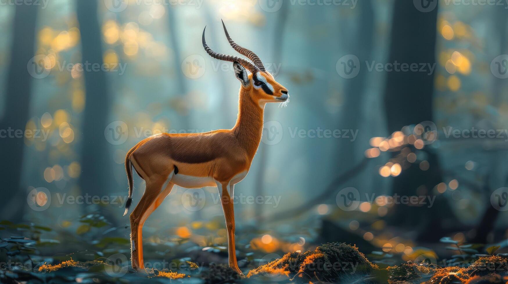 Graceful gazelle standing in a serene forest, sunlight filtering through trees, creating a tranquil atmosphere photo