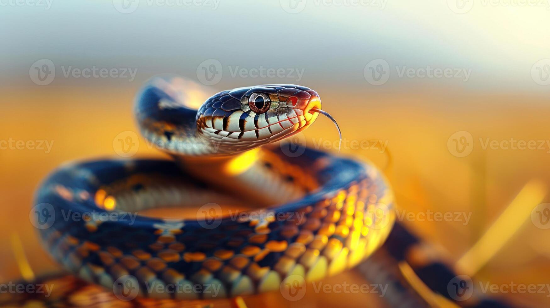 Close-up of a snake with vibrant scales, poised in a sunlit field during golden hour photo