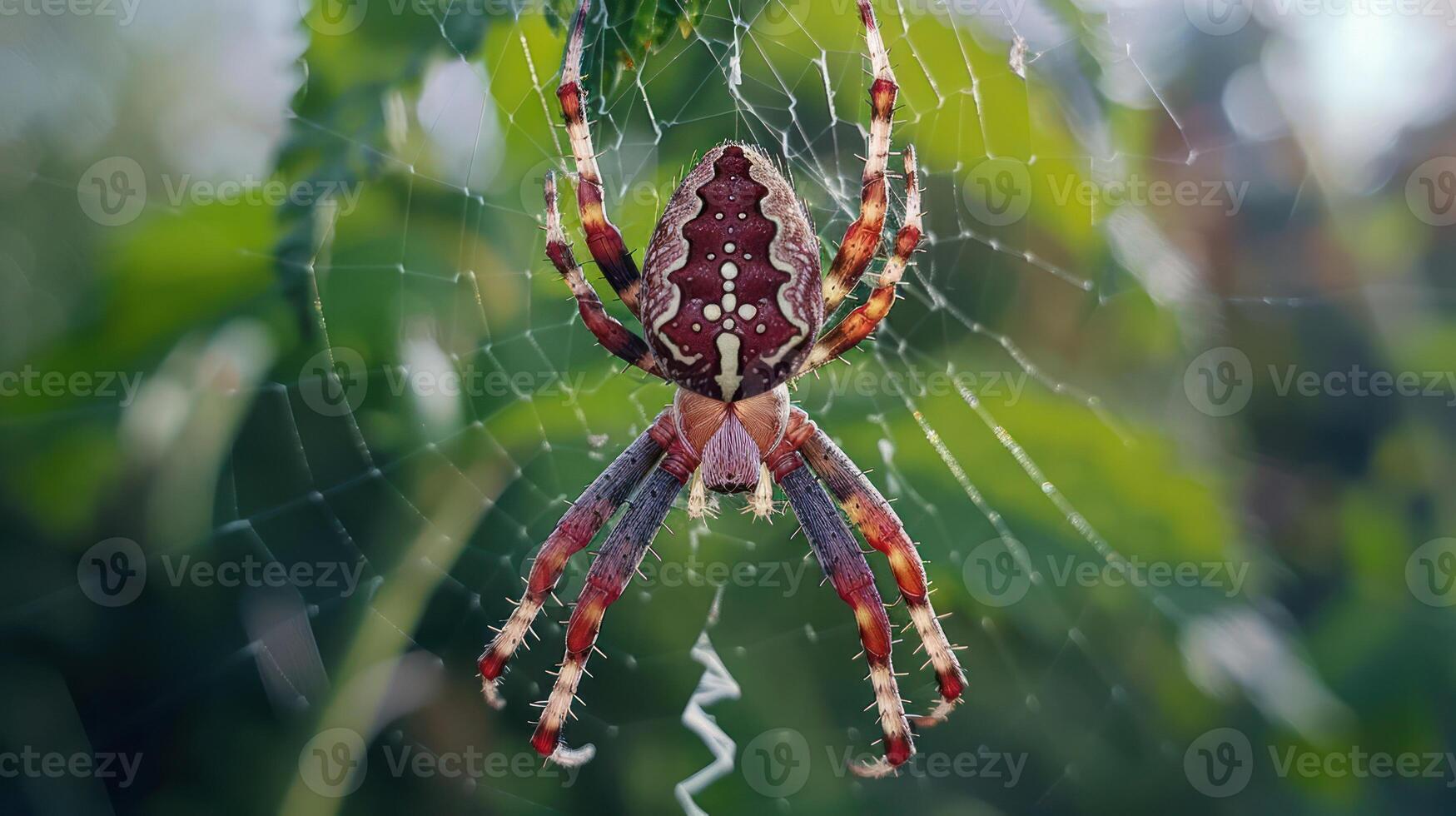 Colorful spider weaving a web amidst lush green foliage on a sunny day, showcasing nature's beauty photo