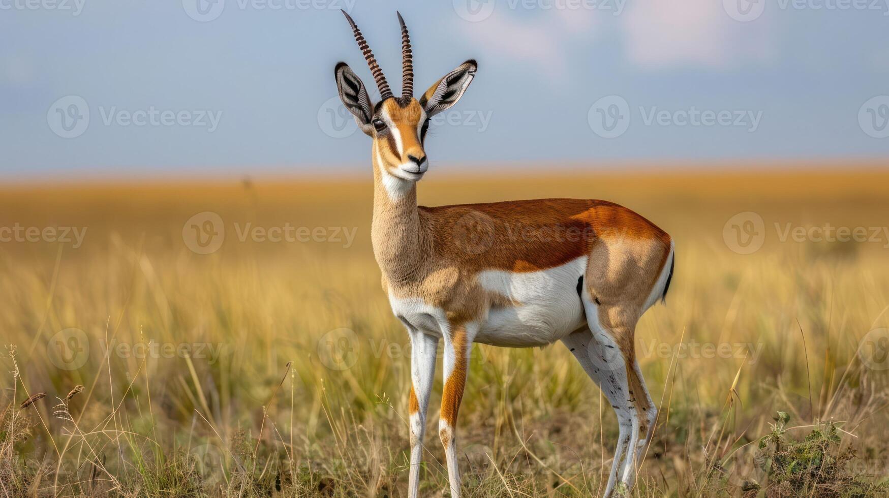 A graceful antelope stands in a vast grassy field under a bright blue sky, showcasing nature's beauty photo