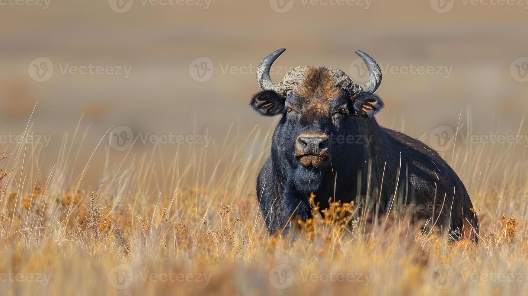Majestic bull resting in golden grasslands under a clear blue sky, showcasing natural beauty photo