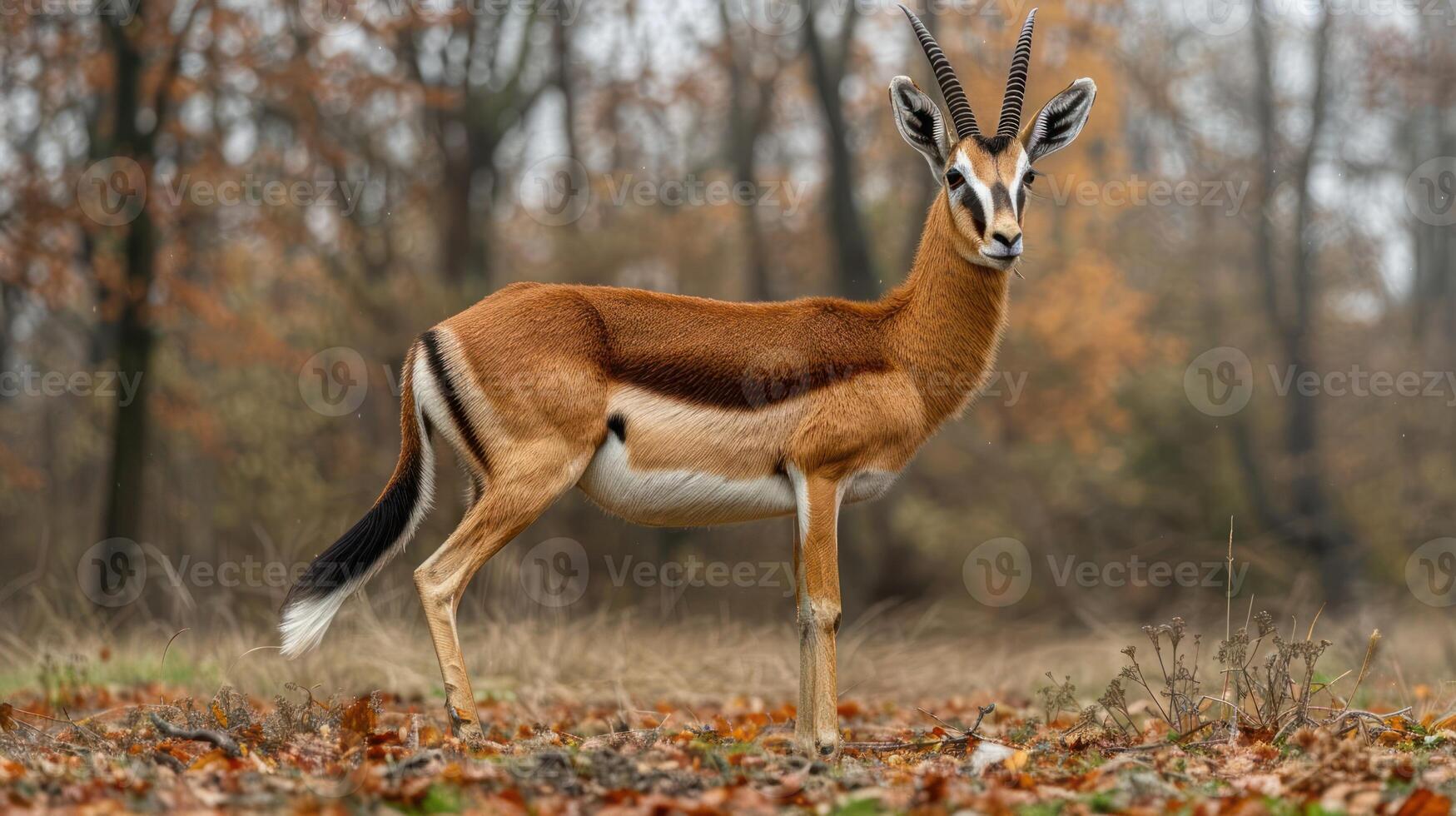 A graceful antelope standing in a serene autumn forest, surrounded by colorful foliage photo