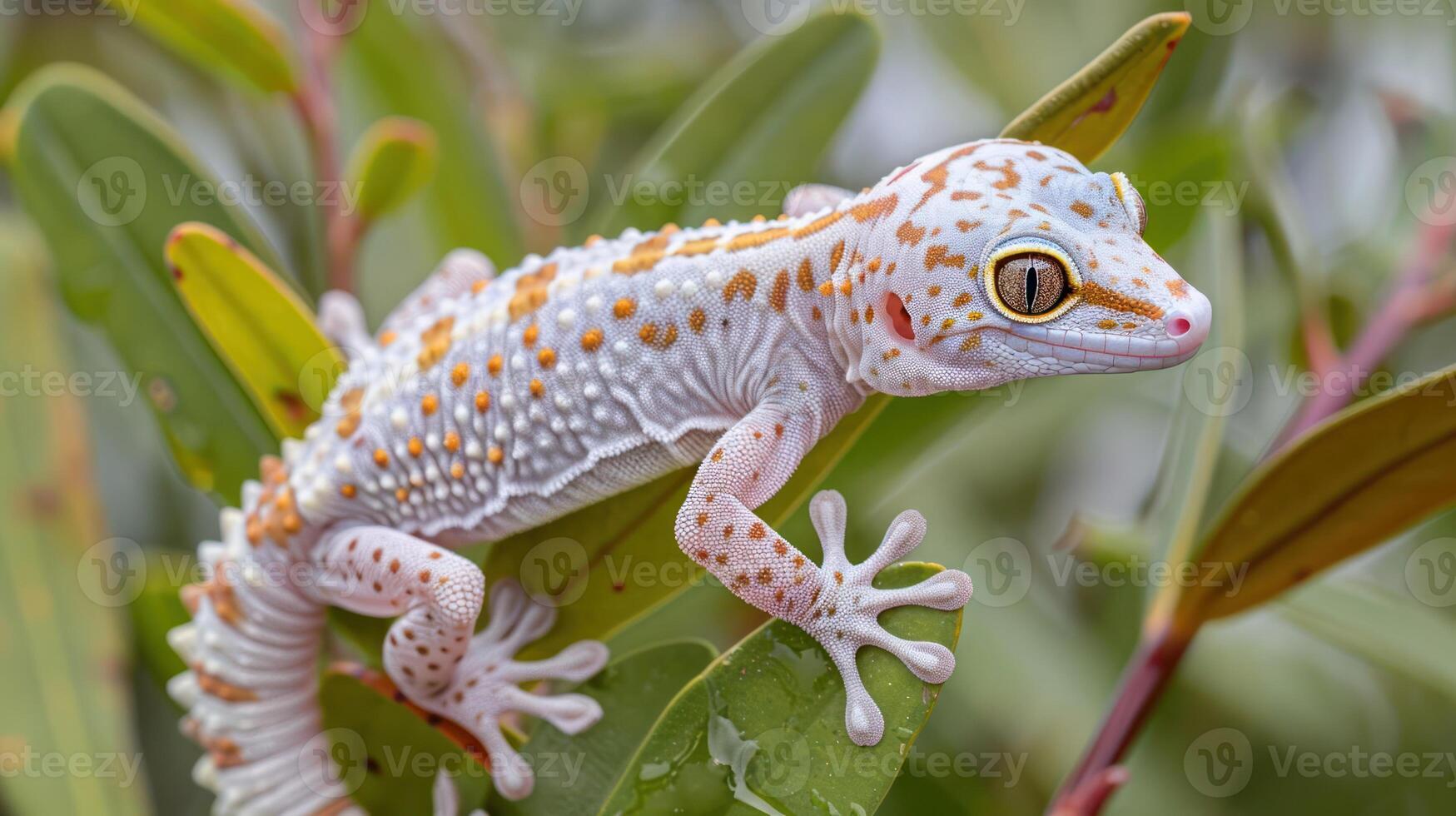 Colorful gecko perched on vibrant green leaves, showcasing its unique patterns in a natural setting photo