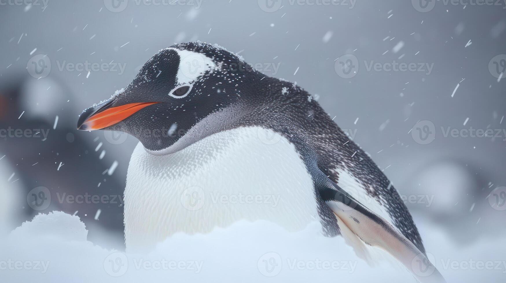 A close-up of a Gentoo penguin amidst falling snow in a chilly Antarctic landscape photo