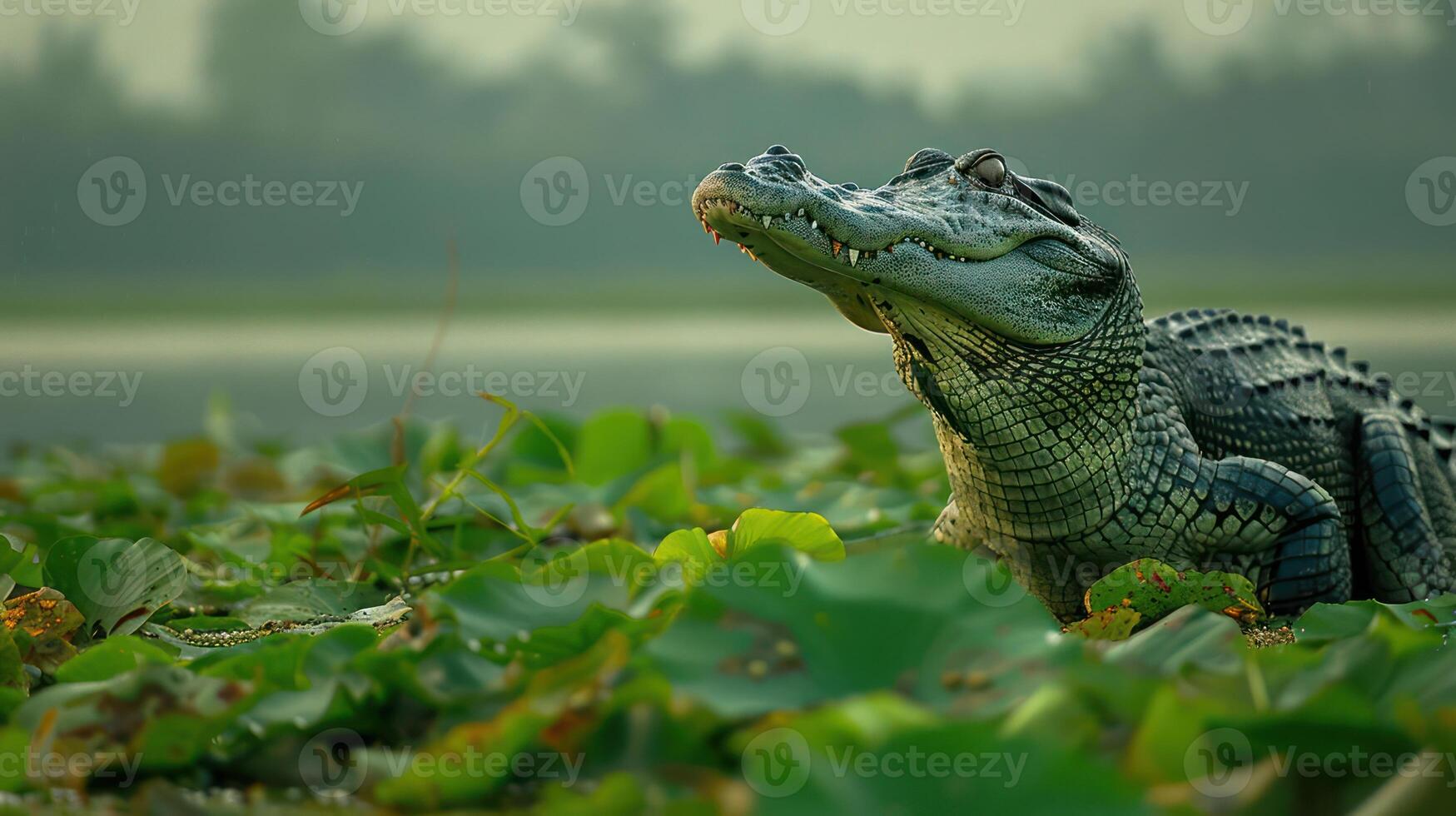 Crocodile basking on lily pads in serene wetland, with misty forest backdrop at dawn photo