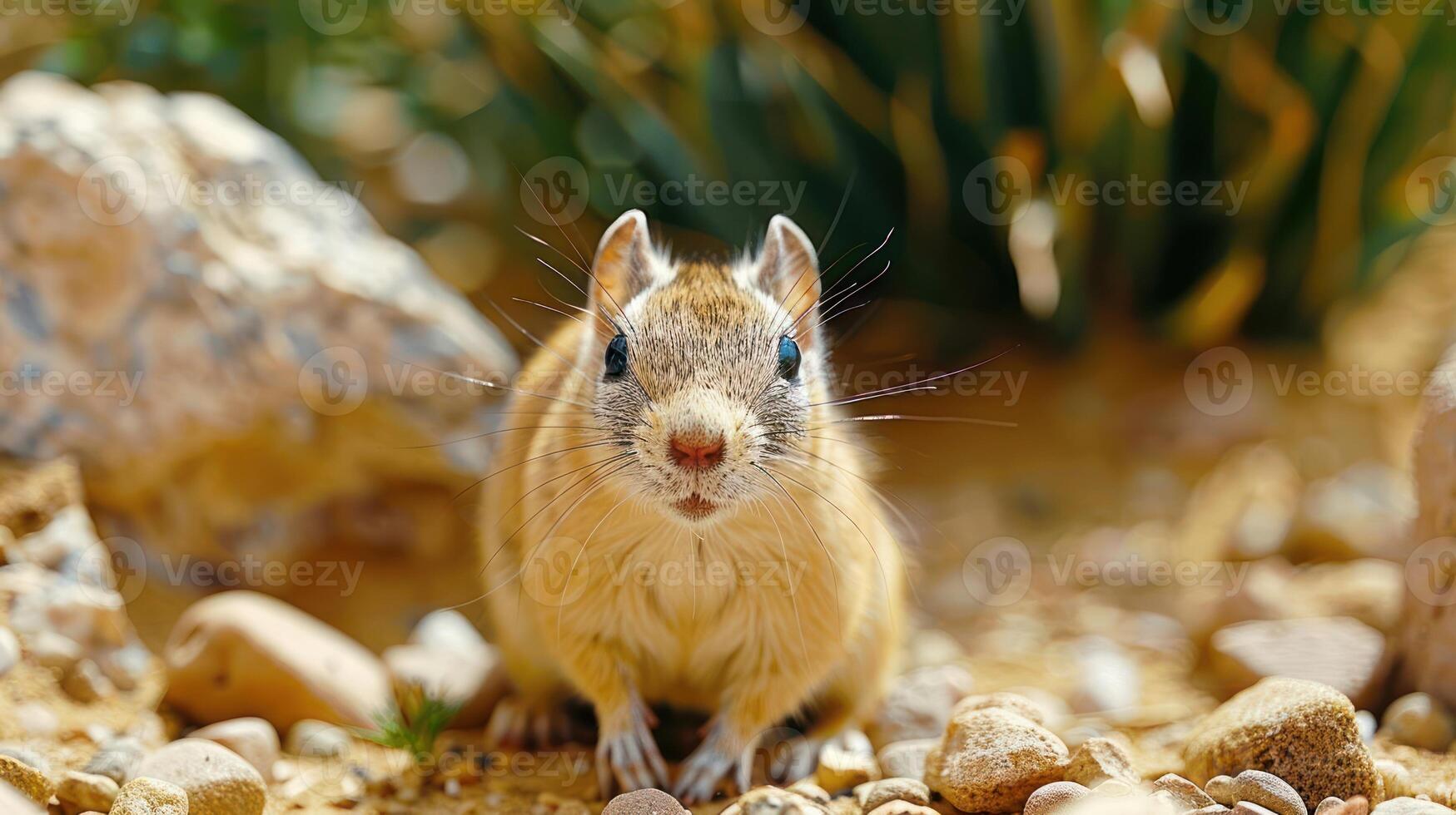 Close-up of a curious small rodent in a desert landscape, surrounded by rocks and vegetation photo