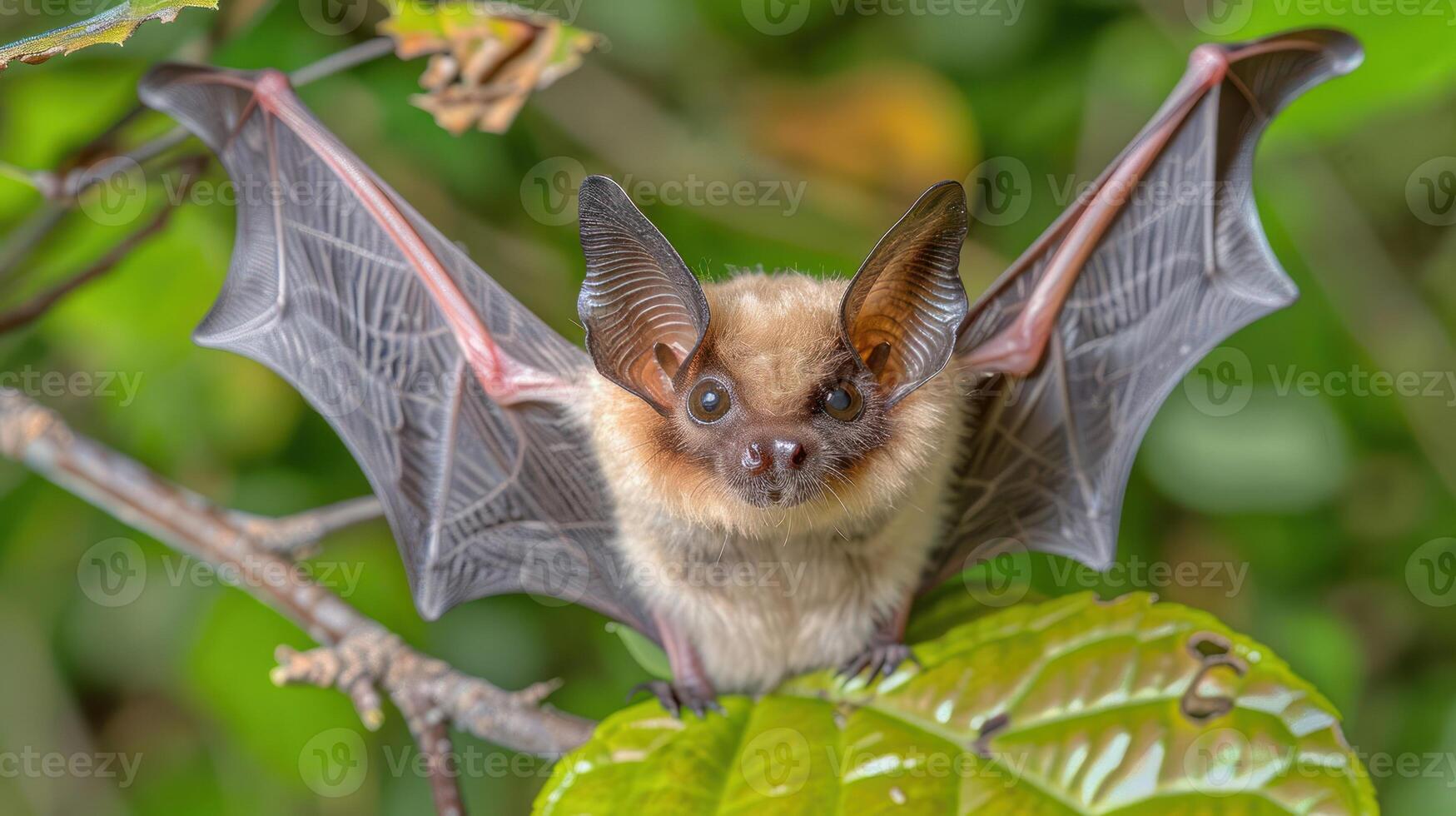 A close-up of a bat with outstretched wings perched on a leaf amidst lush greenery photo