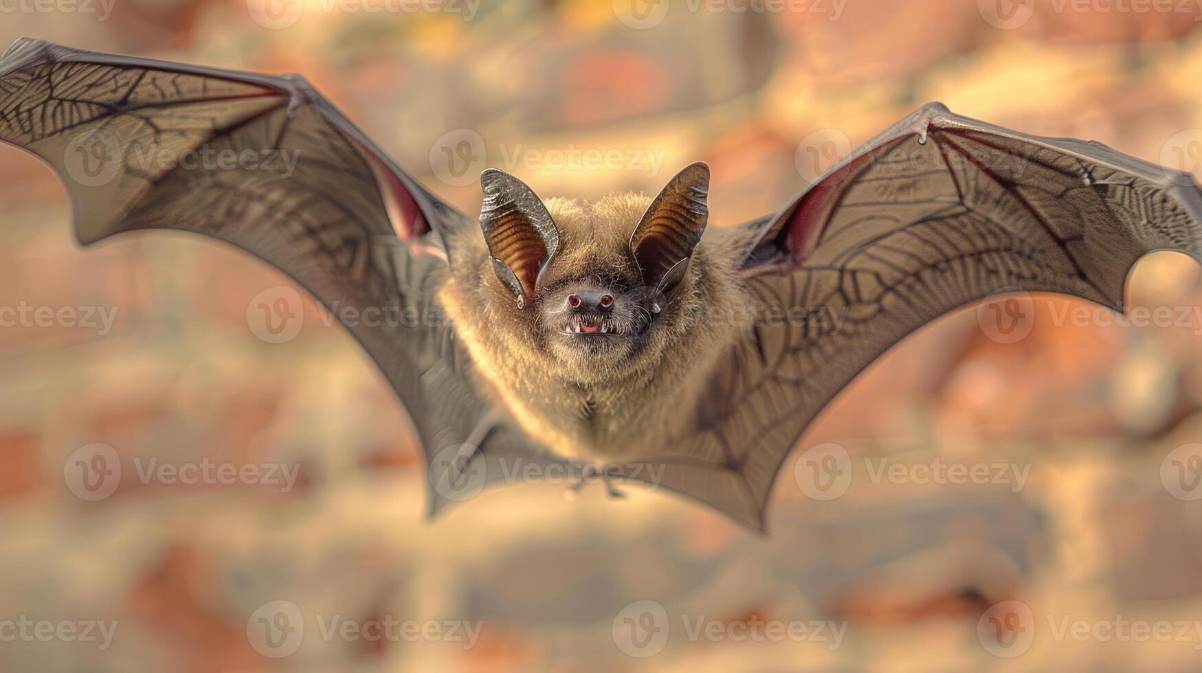 Close-up of a bat in flight against a blurred brick background, showcasing its detailed wings and facial features photo