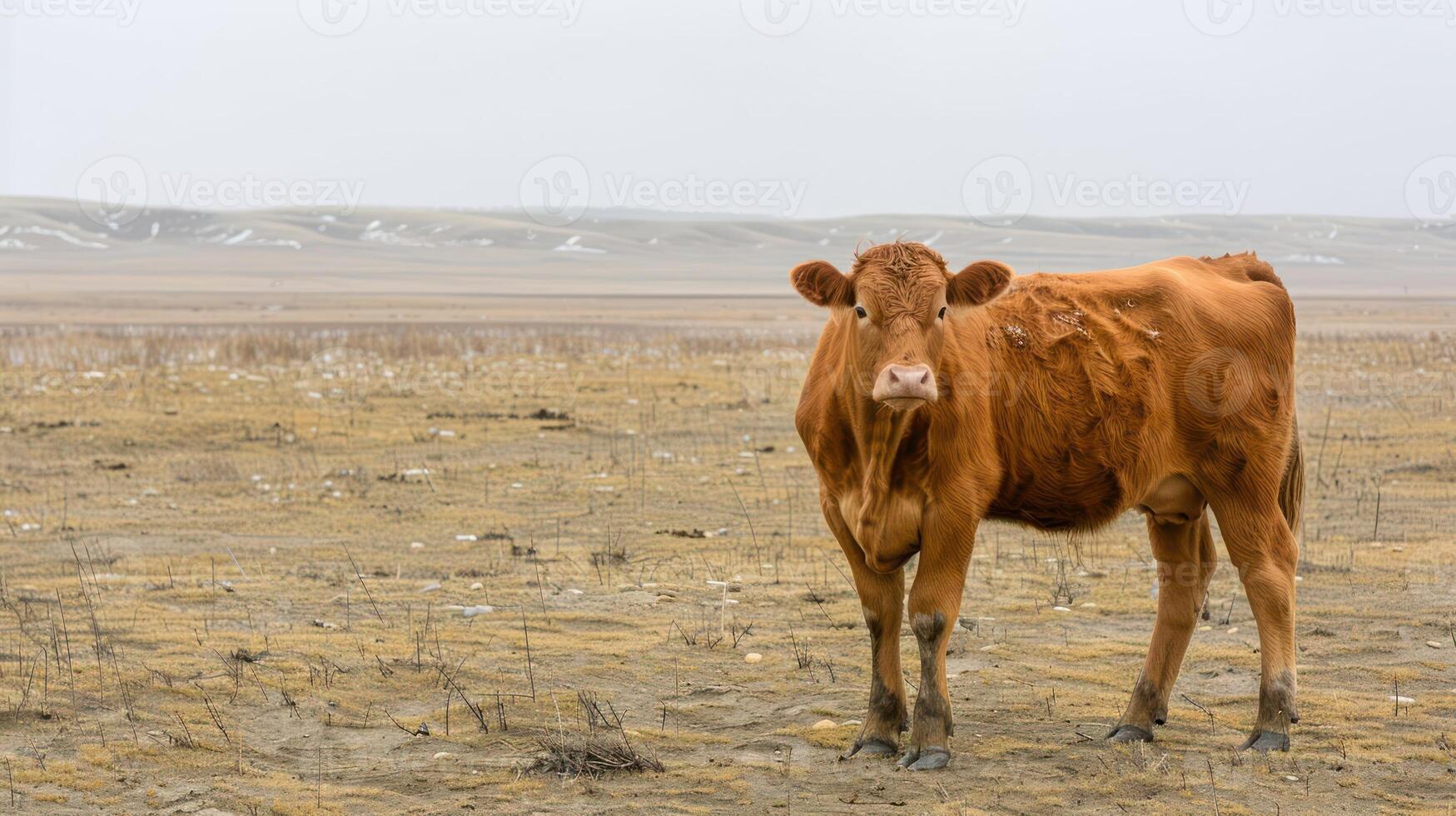 Brown cow standing in a barren landscape under a cloudy sky, with distant hills in the background photo