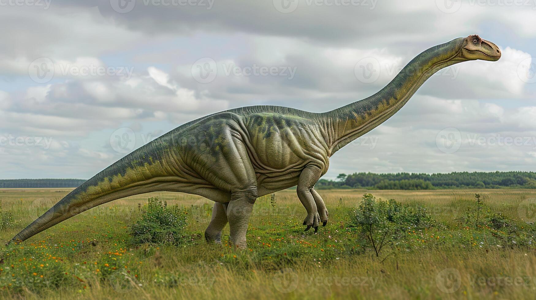 A large dinosaur stands majestically in a lush, open field under a cloudy sky photo