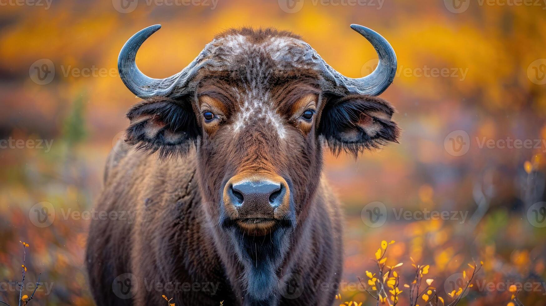 Close-up of a majestic brown bull with striking horns amidst vibrant autumn foliage photo
