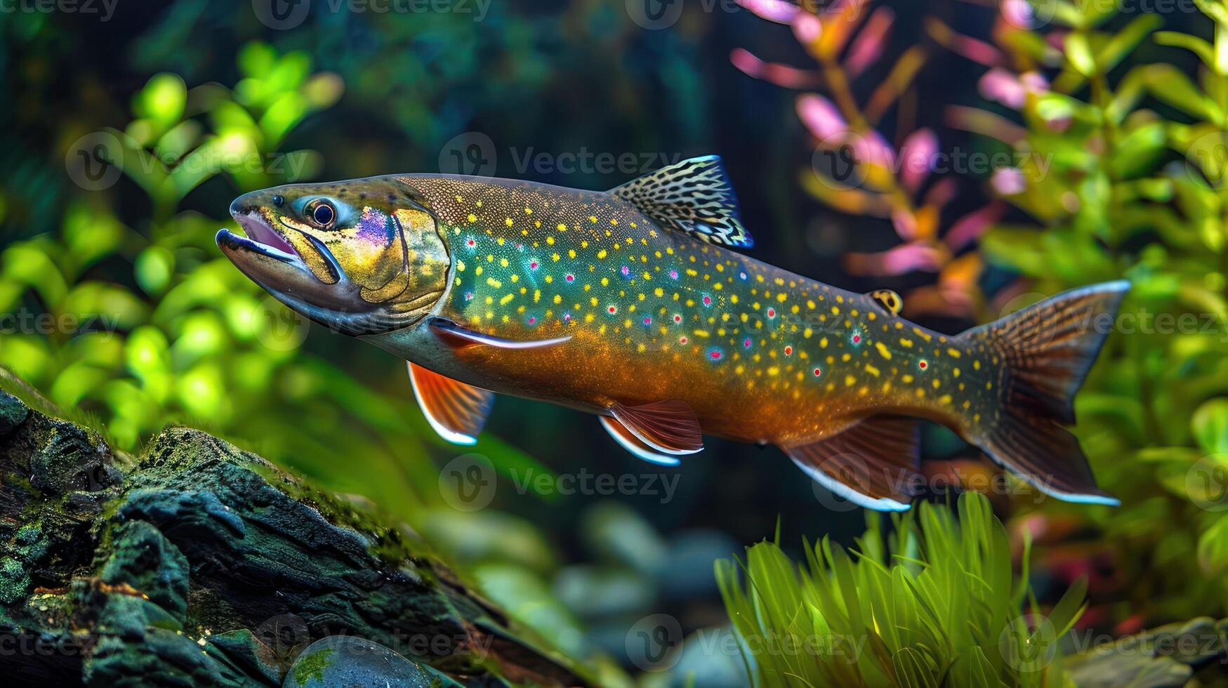 Vibrant trout swimming gracefully among colorful aquatic plants in a serene underwater scene photo