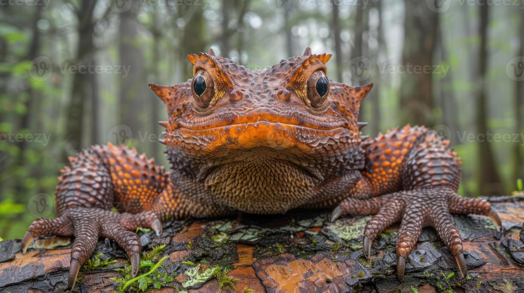 Close-up of a vibrant, spiky amphibian resting on a log in a misty forest setting photo