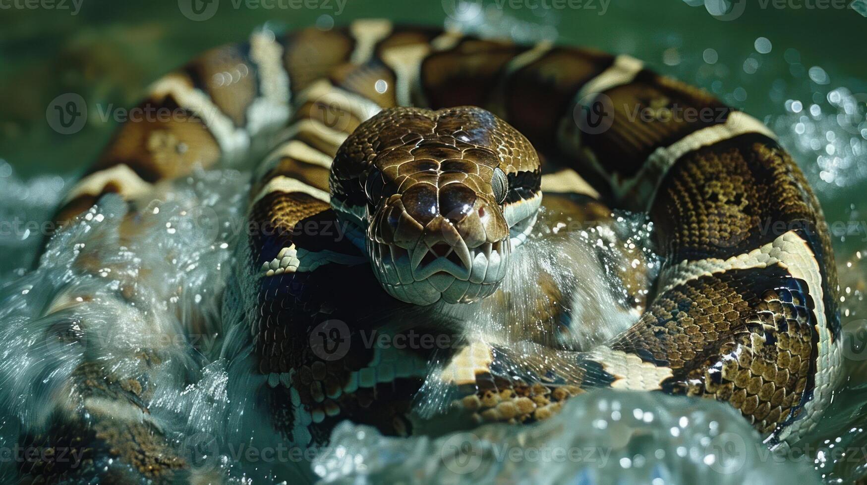 Close-up of a majestic snake swimming in clear water, showcasing its intricate patterns and textures photo
