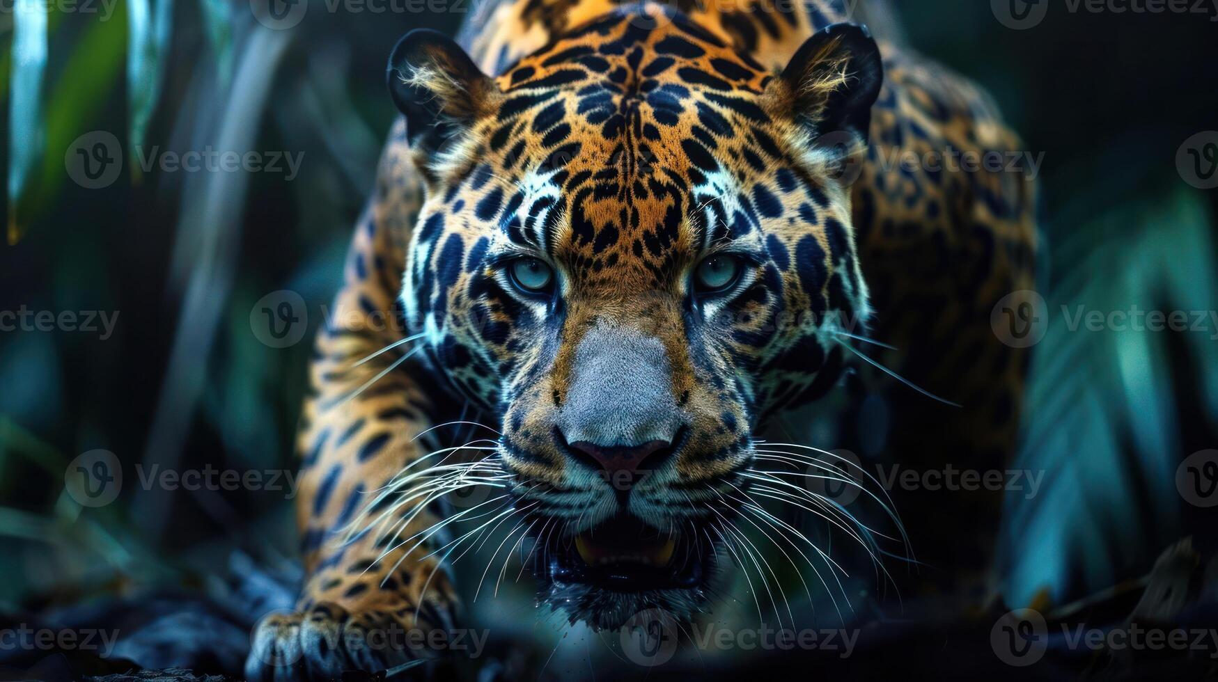 Majestic jaguar prowling through dense jungle foliage, showcasing its fierce gaze and powerful stance photo