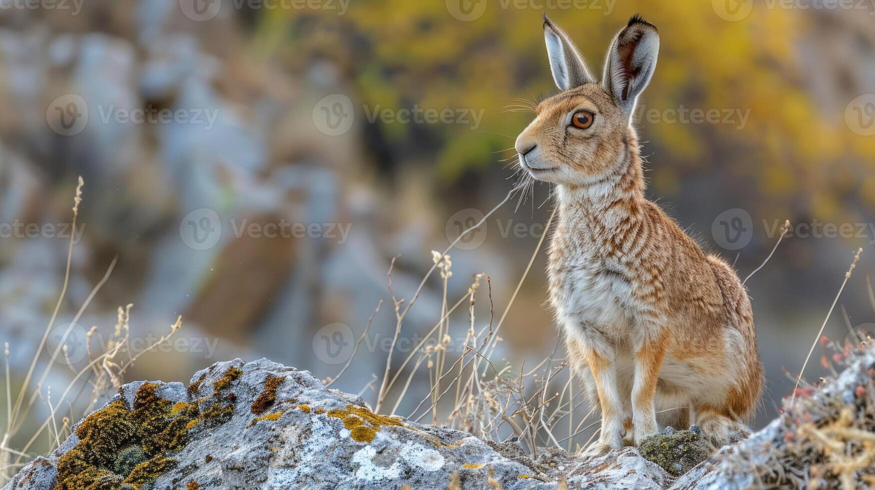 A serene brown hare perched on a rocky outcrop, surrounded by autumn foliage and blurred background photo