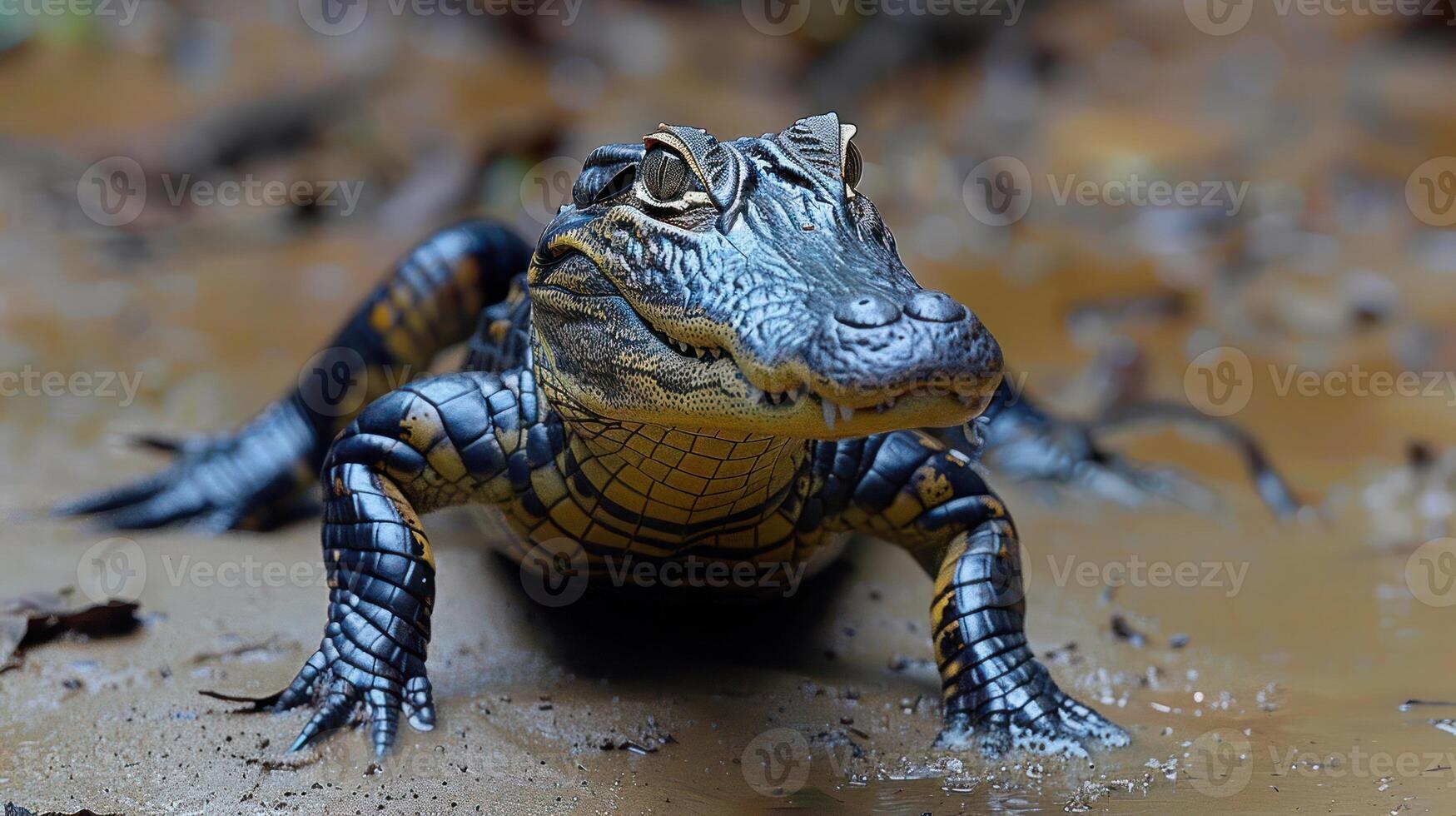 A close-up of a vibrant alligator basking on the muddy shore of a tropical wetland, surrounded by foliage photo