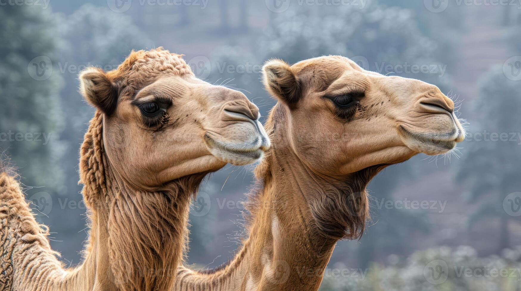 Two camels standing side by side in a misty landscape, showcasing their unique features and expressions photo
