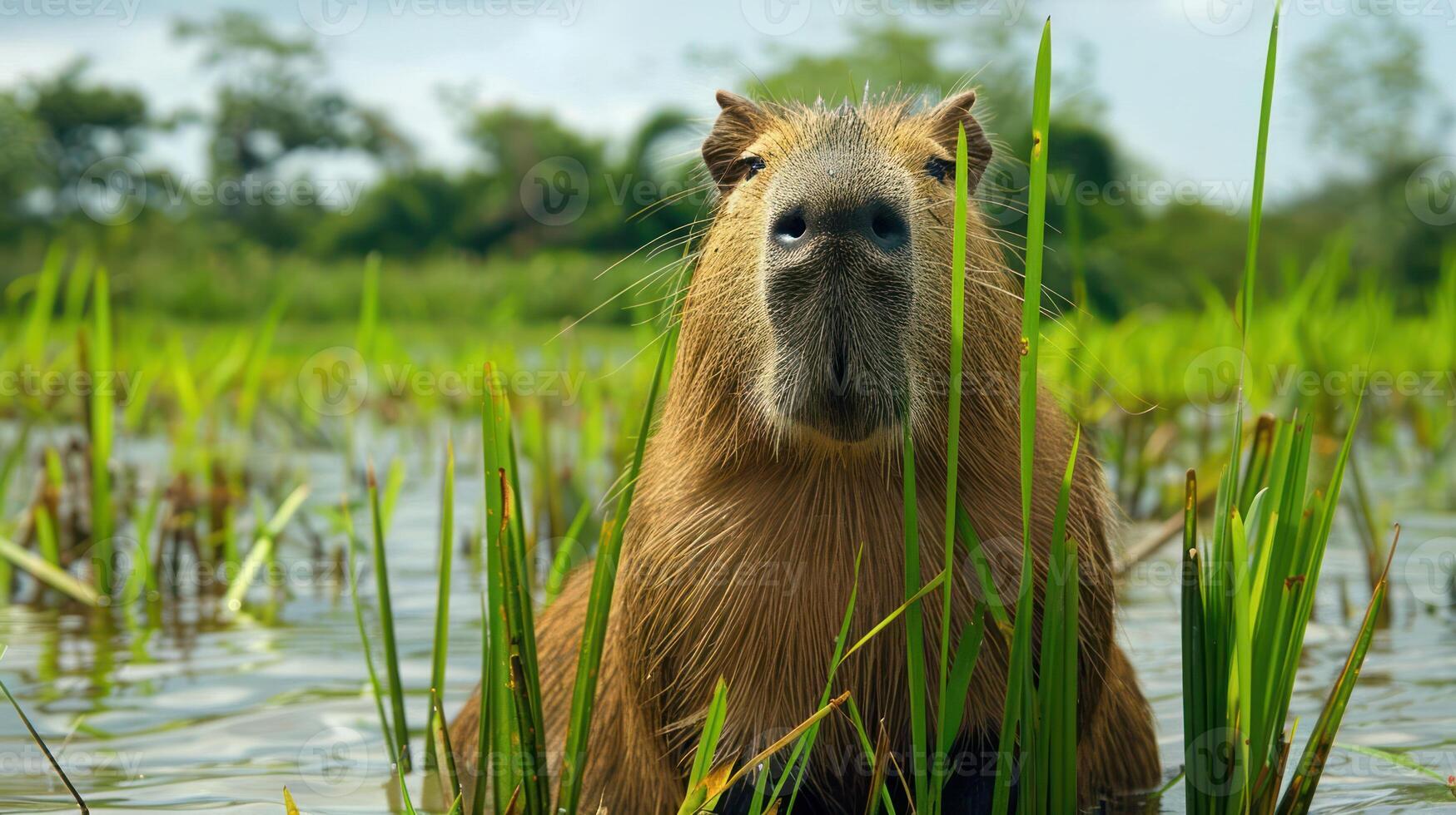 Capybara emerging from water amidst lush green grass in a serene natural environment photo